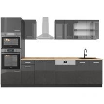 Vicco - Küchenzeile R-Line, Anthrazit Hochglanz/Anthrazit, 300 cm mit Hochschrank, ap Eiche