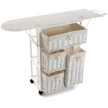 Mobile asse da stiro con 4 ceste in vimini bianco – 135 cm x 36 cm x 85 cm – Legno e vimini – ROGAL