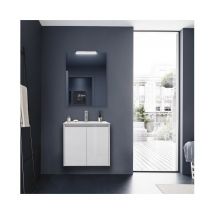 Caesaroo - Mueble de baño suspendido de 60 cm en madera blanco satinado con lavabo incorporado - Nova - Con columna espejo y lámpara led
