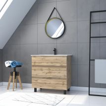 Aurlane - Mobile bagno 80cm da Appoggiare Rovere - Casseti - Lavabo Bianco+ Specchio Barbiere-TIMBER 80-Pack48