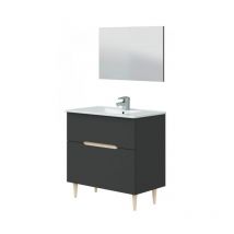 Abitare - Mobile bagno a terra 80 cm grigio antracite e rovere chiaro con specchio e lavabo in ceramica - Arles - Con colonna specchio e lampada led