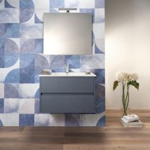 Arche' - Mobile Bagno Sospeso 100 Cm Blu Oceano effetto tessuto 2 Cassetti Lavabo e Specchio
