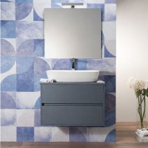 Arche' - Mobile Bagno Sospeso 80 cm Blu Oceano Effetto Tessuto 2 Cassetti Top per Lavabo da Appoggio