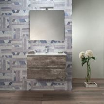 Arche' - Mobile Bagno Sospeso 80 cm Grigio Cemento 2 Cassetti Lavabo e Specchio
