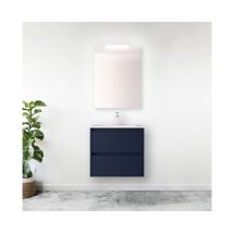 Mobile bagno sospeso 60 cm in legno blu satinato con lavabo a incasso - Nova - Con colonna specchio e lampada LED