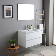 Meuble Salle De Bain Suspendu 80Cm Blanc Avec Lavabo Et Miroir Bilbao