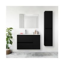 Caesaroo - Mueble de baño suspendido en madera negro satinado 85 cm con lavabo incorporado - Nova - Con columna