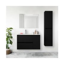 Caesaroo - Mueble de baño suspendido en madera negro satinado 85 cm con lavabo incorporado - Nova - Con columna espejo y lámpara led