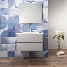 Mobile Bagno Sospeso Beige Effetto tessuto 100 Cm 2 Cassetti Lavabo e Specchio