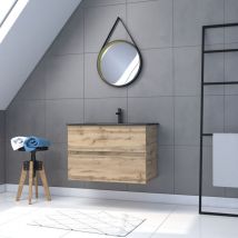 Mobile da bagno Da appendere 80x54-Finitura Rovere + Lavabo nero+Specchio Barbero-TIMBER 80-Pack34