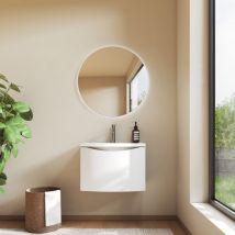 Mobile da bagno sospeso curvo da 60 cm con lavabo in resina minerale e cassetto ultrasottile con chiusura ammortizzata-Bianco opaco