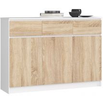 Akord - Cassettiera K140 Bianca 138 cm 3 ante 3 cassetti inserto frontale Sonoma Quercia 138x40x99 cm