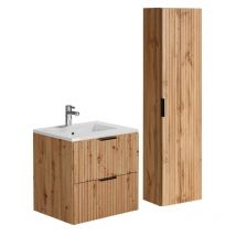 Vente-unique - Mobile per bagno con scanalature, lavabo da incasso e colonna 60 cm Naturale chiaro - zevara
