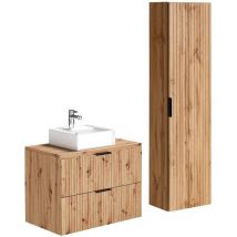 Vente-unique - Mobile per bagno sospeso con scanalature e lavabo da appoggio Naturale chiaro 80 cm - zevara