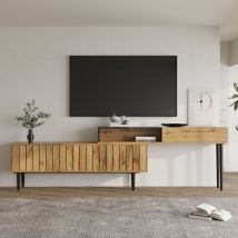 Modfu - Mobili tv 129x30x58cm Mobili tv a scomparsa con 2 ante e 1 vano contenitore, bordi in pvc, gambe in metallo, mdf, colore legno naturale