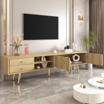Mobile porta tv 160x36x42cm con 2 cassetti, con ripiani aperti, gambe dorate, truciolare e mdf, colore legno naturale
