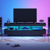 Modfu - Mobile tv 160x38x50,5 cm con 3 cassetti e 3 vani portaoggetti in vetro, led con controllo app, pannello truciolare lucido, nero