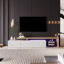 Mobile Tv Moderno 200cm, Con Illuminazione A Led E Ripiani In Vetro, Spazio Di Archiviazione, Design Moderno, Effetto Legno - Bianco