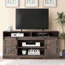 Merax - Mobile tv, Tavolino tv con ante scorrevoli e ampio vano portaoggetti, mobile tv 150 x 40 x 81,5 cm, Ripiano tv in stile longhouse, grigio