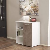 Cosma - Mobiletto ingresso moderno con 1 anta battente e 3 mensole a vista di colore Bianco e Rovere chiaro mod. Mark