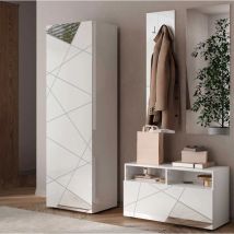 Mobili per ingresso con guardaroba, panca, specchio e appendiabiti, Bianco lucido