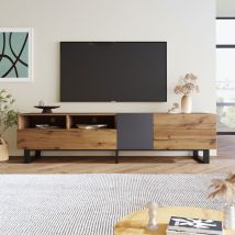 Modfu - Mobili tv 180x38x50 cm con 3 cassetti a ribalta e 2 vani portaoggetti aperti, gambe nere, effetto venature del legno, mdf, colore nero e legno