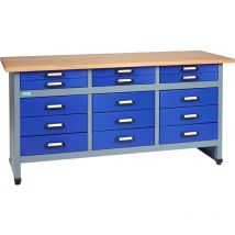 Küpper Werkbank 12977, 170 cm breit, 15 Schubladen, ultramarinblau