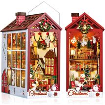 Coocheer - Modèle de maison de décoration de table de cabine bricolage, maison de poupée en bois de noël avec boîte à musique et cache-poussière, kit