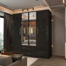 Sliding Wardrobes 4u - Modern 4 Door High Gloss Wardrobe with Mirror, Drawers & Hanging Rail - Black160cm