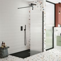 Nuie Fluted Wet Room Screen 1850mm High x 800mm Wide with Support Bar 8mm Glass - Matt Black