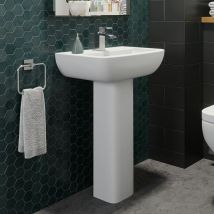 Full Pedestal Ceramic Floor Standing Bathroom Sink Basin - 550mm Amelie 1 Tap Hole - White