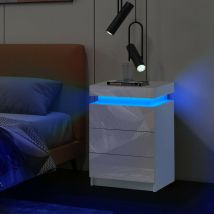 Bedside Table, Modern High Gloss Front 3 Drawer Nightstand with RGB Strip Light Flip Cover Design Bedside Cabinet for Bedroom Living room, White