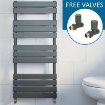 Anthracite Flat Panel Heated Towel Rail Grey Bathroom Radiator 1200 x 500mm & Straight Valve