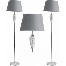 Pair of Mirrored Crackle Glass Floor Lamp with Grey Shades - Polished chrome plate with mirrored crackle glass detail and grey cotton