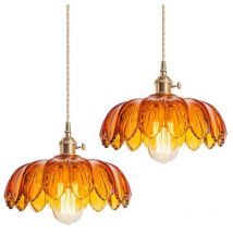 Vintage Ceiling Pendant Light Glass Lotus Hanging Light Indoor Chandelier for Loft Coffee Bar Kitchen Island 2Pcs Amber