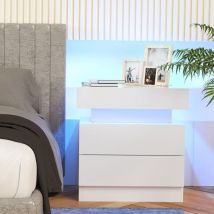Chleby - Moderna Mesita de Noche Brillante Mesita de Noche con Tira de luz led Blanco Mesitas de Noche con 2 cajones para Dormitorio, Sala de Estar