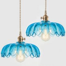 Modern E27 Pendelleuchte Glas Metall Hängelampe Blau Höhenverstellbar Deckenleuchte Esszimmerlampe 2 Stücke