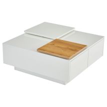 Moderner Hochglänzender Weißer Holzfarbe Quadratischer Couchtisch Mit Ablagefläche 757533,5cm, Kleine Verschiebbare Tischplatte, Max. 30kg Belastbar