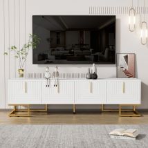 Moderner Tv-schrank Mit 4 Ablagefächern + 4 Türen Mit Einzigartigem Design, Griffen + Goldenen Füßen, 170x40x45,5cm, Weiß