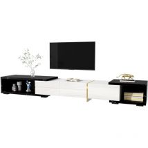 Moderner Tv-schrank Mit Variabler Länge (140-260 Cm), Drehfunktion, Schwarzer Marmoroptik, Glänzend Mattweißem Finish Und Goldenen Verzierungen 