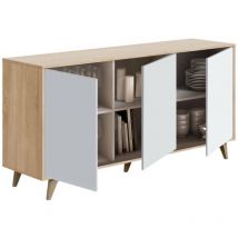 Anrichte Arvada, Modernes Sideboard mit 3 Türen und Einlegeböden, Küchenbuffet, Wohnzimmer-Design-Buffet, cm 154x40h75, Eiche und Weiß