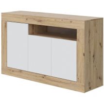 Highboard Thornton, Modernes Sideboard mit 3 Türen, Wohnzimmer-TV-Ständer-Buffet, cm 144x42h87, Geknotete Eiche und Weiß