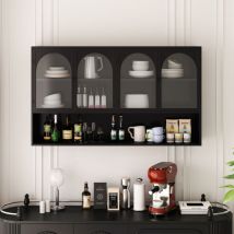 Modfu - Armadietti per il bagno, mobile bagno sospeso in metallo con 1 vano portaoggetti aperto e 4 ante in vetro, credenza, mobile cucina, nero