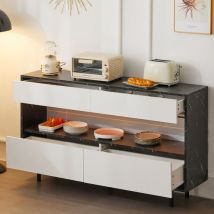 Credenze e buffet 150x35x89,5cm cassettiera con 4 cassetti, led, struttura in metallo, cucina/soggiorno/camera da letto, mdf, bianco/nero - Modfu