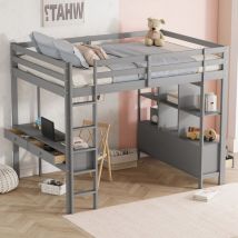 MODFU Letti a soppalco 140x200cm letti singoli per bambini con cassetti e scrivania, ripiani portaoggetti aperti, legno, senza materasso, grigio