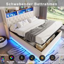 Letti contenitore, letti matrimoniale per adulti 180x200cm, testiera con vani portaoggetti, usb e led, lino, senza materasso, bianco - Modfu