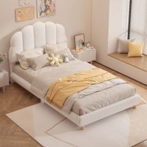 Letti singoli per bambini 90x200 cm con testiera, rete a doghe, velluto, senza materasso, bianco - Modfu