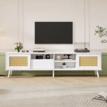 MODFU Mobile TV bianco 200x40x49cm, adatto per TV da 90 pollici, con 2 ante in rattan, 1 cassetto, 3 vani portaoggetti aperti, capacità di carico 50