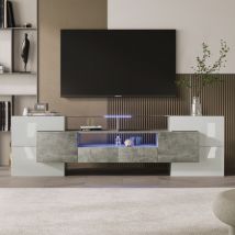 Modfu - Mobile tv, tv lowboard 200x35x60 cm con 2 cassetti 4 ante, led, mdf e vetro, grigio e bianco