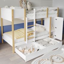 Struttura letto a castello, letti per bambini 90x200cm con 2 cassetti 2 mobili contenitori, legno e mdf, bianco/naturale - Modfu